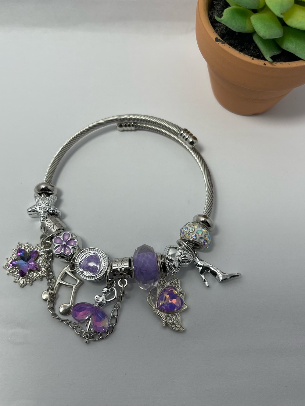 Silver Charm Bracelet with Purple Crystal Accents
